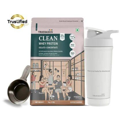 TrueBasics Clean Whey Protein Isolate + Concentrate 2.2 lb Coffee & Steel Pro Shaker 700 ml Combo